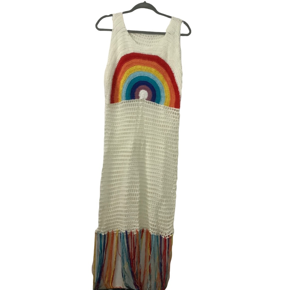 White Swim Coverup Crochet Maxi Tank Dress Rainbow Colorful Fringe Sleeveless